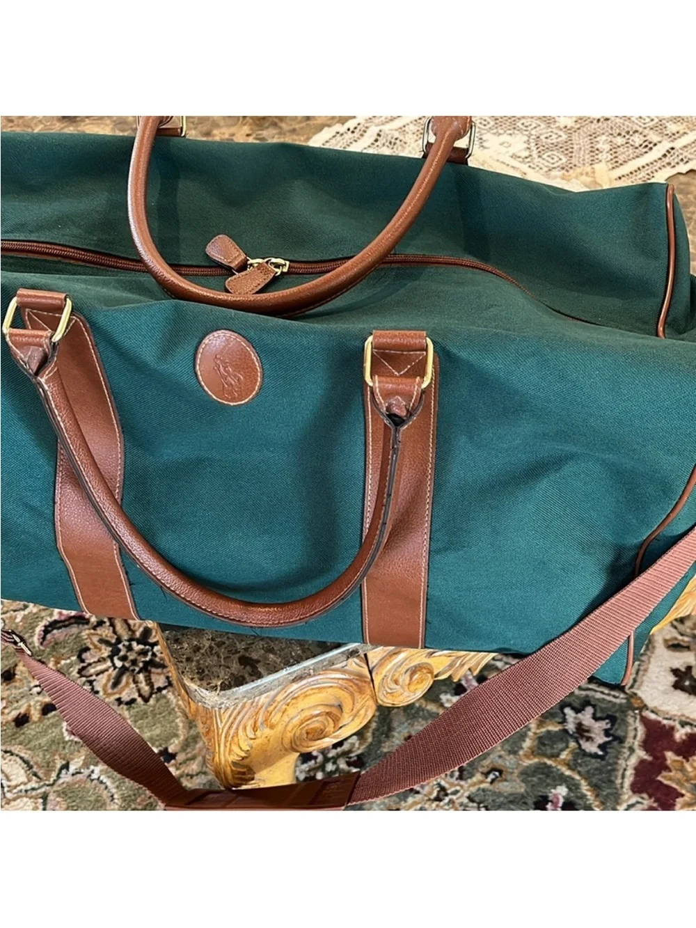 VTG Ralph Lauren Polo Green Duffle Weekender Travel Bag w/Shoulder Strap Pockets